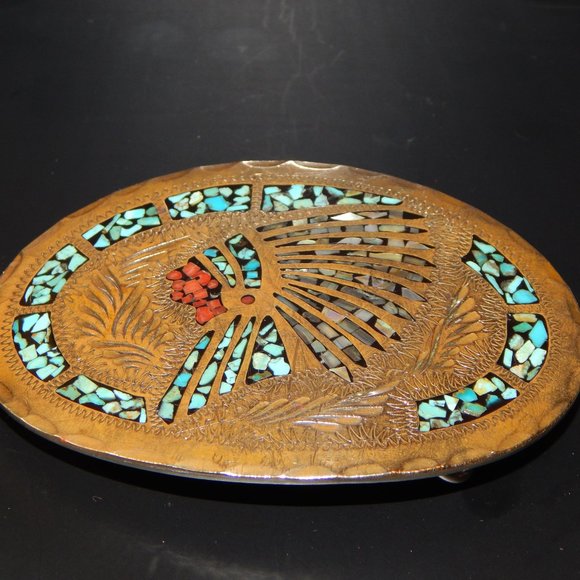 Artisan Crafted Turquoise & Coral Chip Inlay Native Chief Belt Buckle - Picture 3 of 9